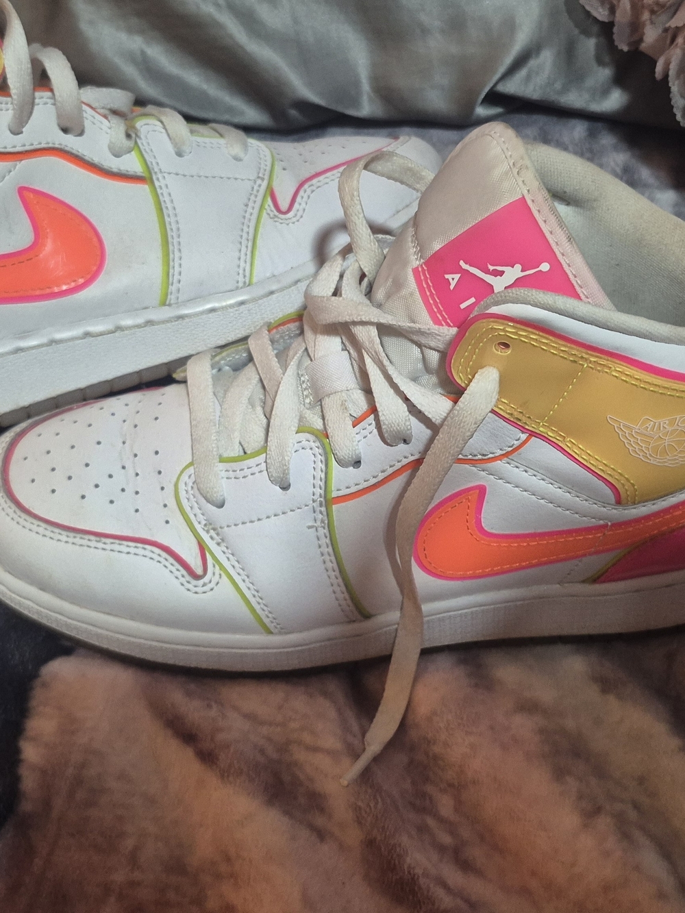 Nike Kids White High-Top Sneakers with Neon Pink & Orange Accents